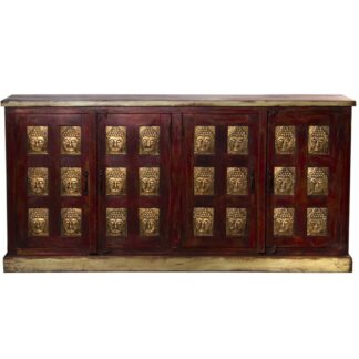 Aparador Madera Mango C/4 Puertas Rojo/budas Dorados 180x40x90cm