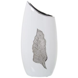Jarrón Cerámica Plateado/blanco Hoja 19x12x39cm