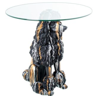 Mesa Auxiliar Cristal C/base Perro Resina Negro Ø60x62cm, Base:27x38x61cm