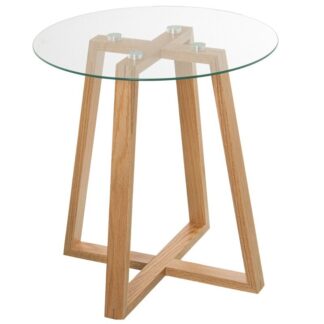 Mesa Auxiliar Cristal Patas Madera Natural,cristal Templ:5m Ø48x51cm, Madera De Roble