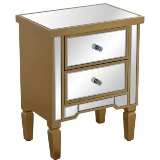 Mesa De Noche Madera/espejo C/2 Cajones Dorada 49x33x62cm