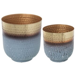 Set 2 Maceteros Metal Dorado/celeste 26x26x30+21x21x24cm