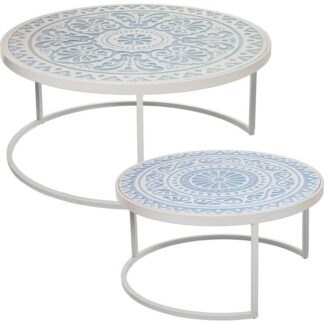 Set 2 Mesas Auxiliares Apilables Madera Dm C/patas Hierro Ø80x36cm+ø62x31cm