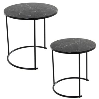 Set 2 Mesas Auxiliares Metal/madera Acabado Mármol Negro Ø42x44cm+ø50x49cm