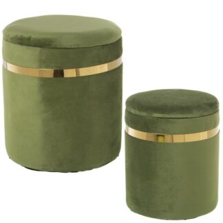 Set 2 Pufs Almacenaje Terciopelo Verde Ø38x44cm+ø33x38cm, Poliéster