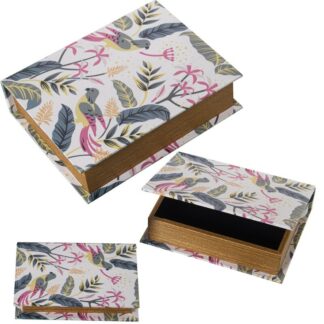 Set 3 Cajas Libros Decoradosmadera Dm/lona Poliéster Loro+ 30x24x8+24x18x6+18x12x4cm
