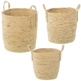 Set 3 Cestos Hojas De Maiz/hierba De Mar Natural Ø40x42cm+ø35x37cm+ø30x33cm