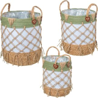 Set 3 Cestos Mimbre Natural/verde Tela Blanca C/flecos Ø33x43+ø30x37+ø24x31cm