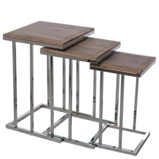 Set 3 Mesas Aux. Madera Patas Metal Cromado, Tablero Bisela 40x40x60+35x35x56+29x29x50cm