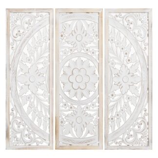 Set 3 Retablos Madera Calada 30x90cm Blanco Decapé, Tríptico 90x2x90cm Composición Final