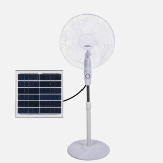Ventilador De Pie Solar Frontera Blanco 20w 3vel 5aspas Fijo Y Rotatorio Bateria Litio Regx43x38cm