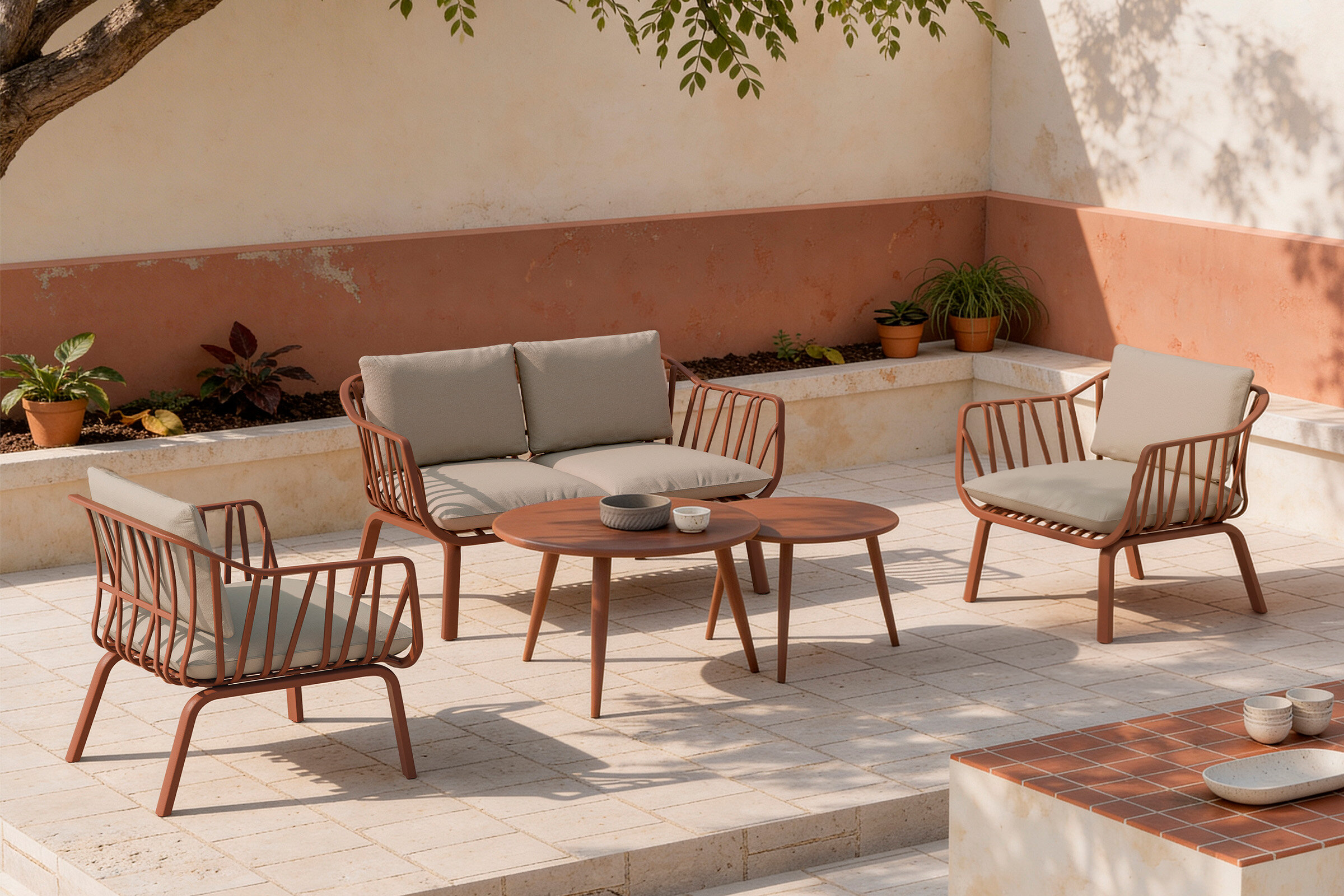 Conjunto de jardín MIKONOS terracota (sofá + sillones + mesas centro)