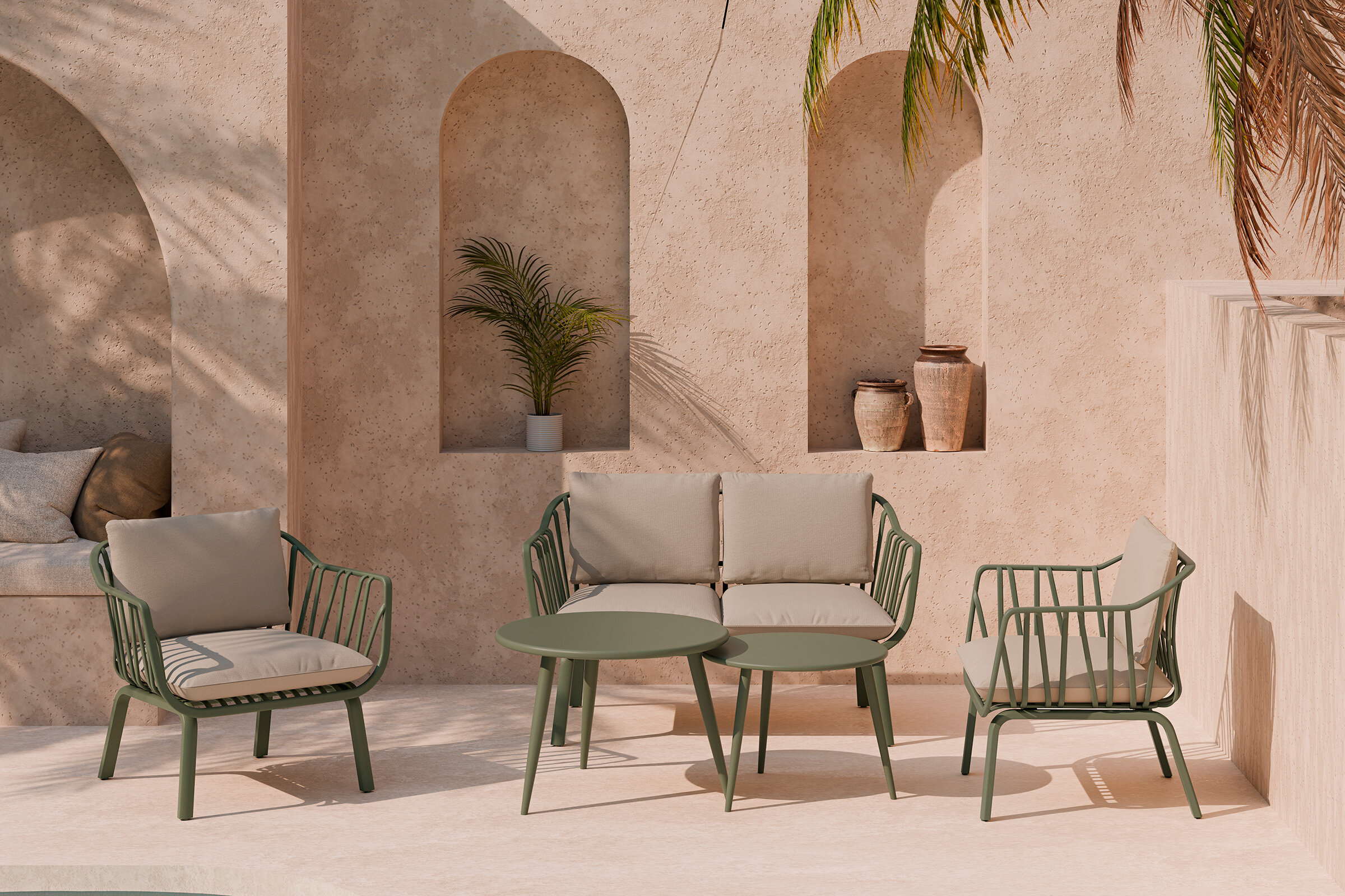 Conjunto de jardín MIKONOS verde (sofá + sillones + mesas centro)