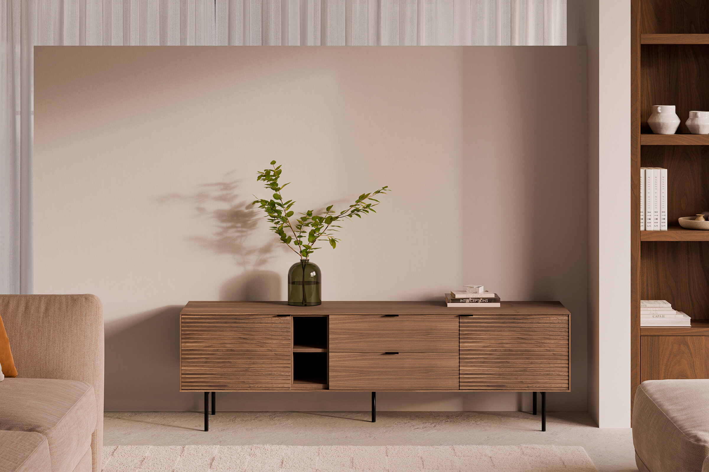 Mueble TV 180 TULSA nogal pata metal (2 puertas + 2 cajones + 2 huecos)