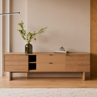 Mueble TV 180 TULSA roble pata madera (2 puertas + 2 cajones + 2 huecos)