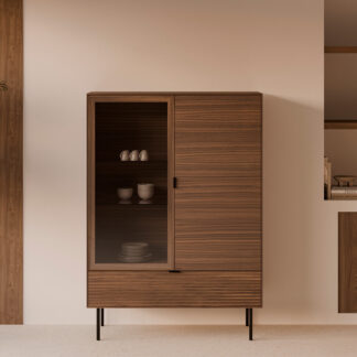 Vitrina baja TULSA nogal pata metal (2 puertas + 1 cajón)