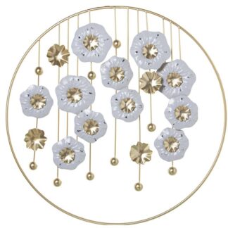 Adorno Pared Metal Flores Blancas C/aro Dorado 62x3,5x62cm, Hierro