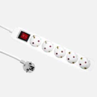 Alargadera Florey Cable 1,5m 3gx1,5mm2, 5enchufes+interruptor Blanca Protecc.para Niños 4x4x28cm