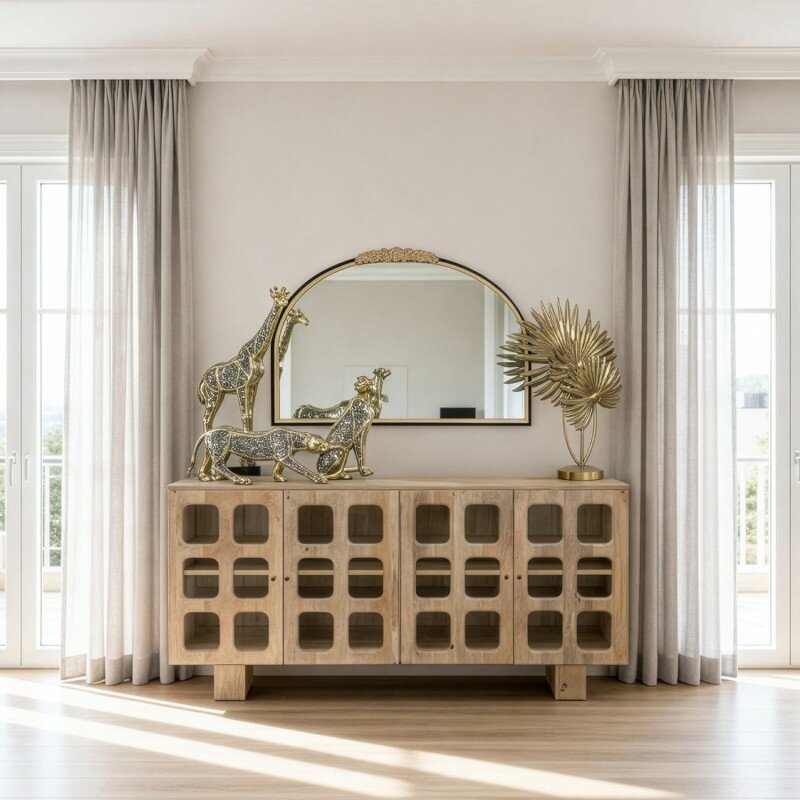 Aparador Madera Mango Y Cristal 4 Puertas 152x42x75cm - Image 5