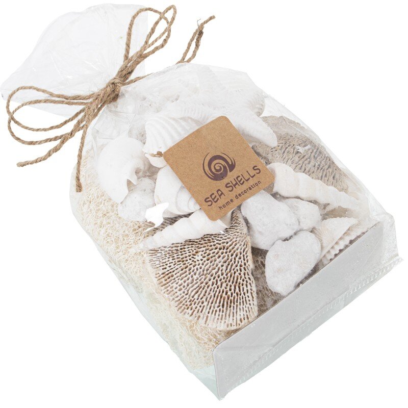 Bolsa Conchas Blancas Surtidasc/esponjas, Estrella Mar, Pied Bolsa:12x8x12/23cm Peso:380gr