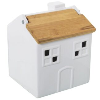 Bote Ajos Ceramica Blanca C/tapa Madera Bambu 16x15x19cm