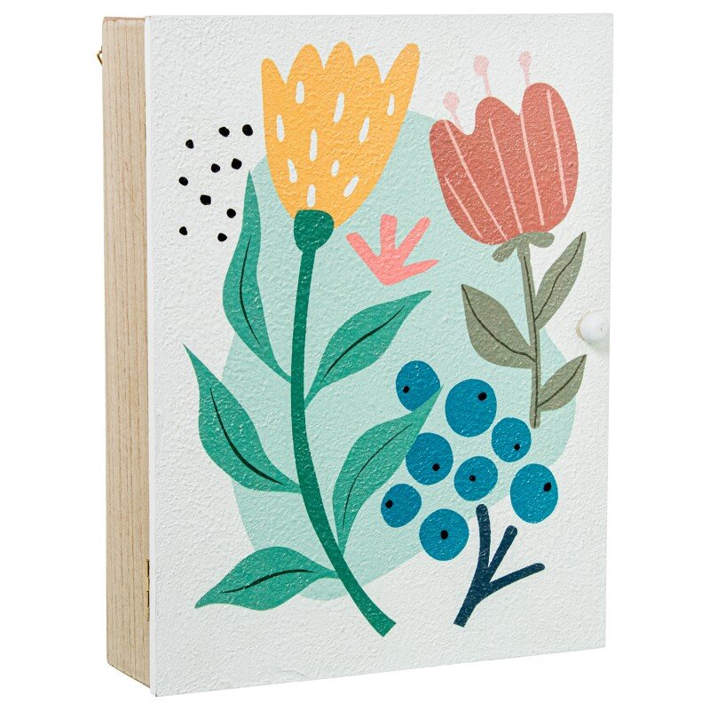 Caja Porta Llaves Madera Deco. Flores Amarilla/roja 20x5,5x26cm