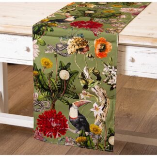 Camino De Mesa Rectangular Algodón Verde Flores, Una Cara 33x180cm, C/impresión Digital