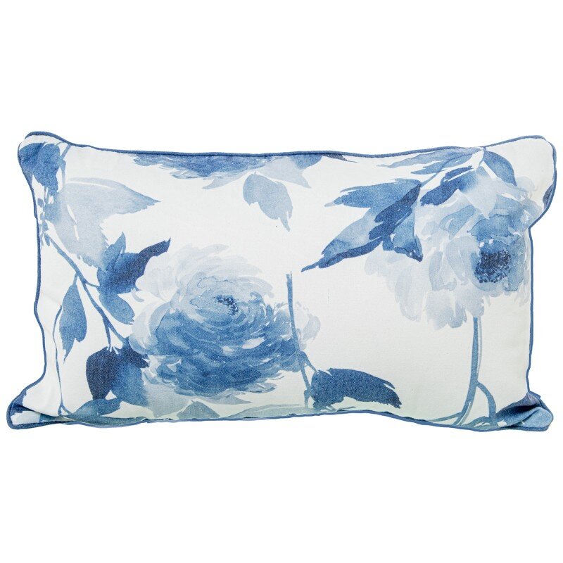 Cojín 50x30cm Blanco Flores Azules 80% Poliéster 20% Algodón 45x45cm, Con Cremallera