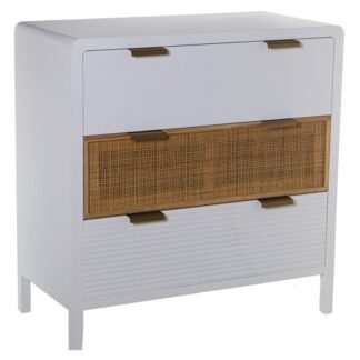Cómoda Madera 3 Cajones Blanco/ratán 80x40x82cm, Abeto+dm+ratán