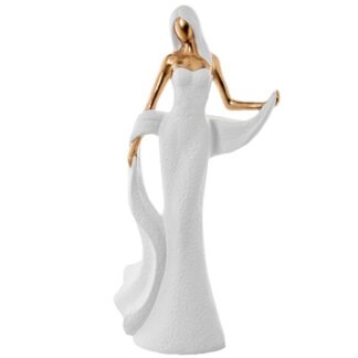 Figura Cerámica Mujer C/chal Blanco/oro 19x10x44cm