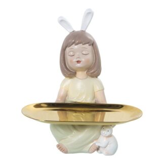 Figura Resina Chica Sentada C/orejas Y Bandeja Metal 12x12x21cm