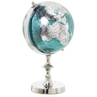 Globo Terráqueo Aluminio Acabado Niquel, Globo:ø15cm, Azul 16x15x27cm, Base:10,7cm