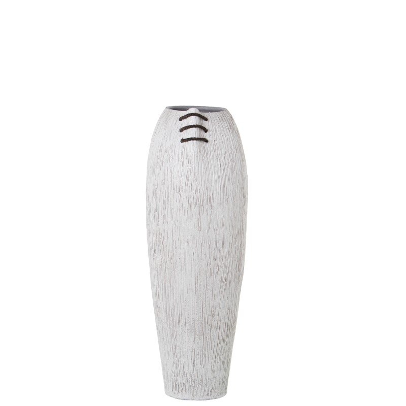 Jarrón Cerámica 60cm Blanco Rayado C/cordón Marrón 20x24x60cm Boca:11,5x13cm