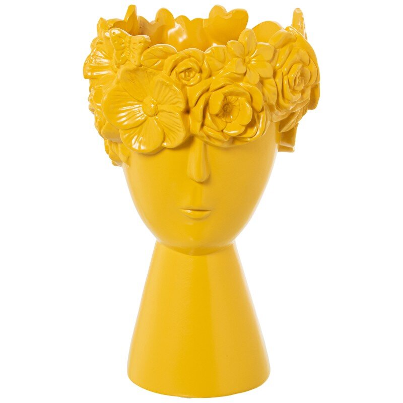 Jarrón Cerámica Rostro C/flores Amarillo Mate Ø17x28cm Base:ø11cm