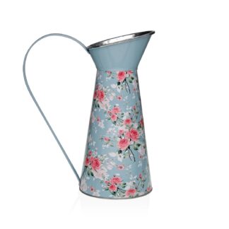 JARRON METALICO AZUL CON FLORES