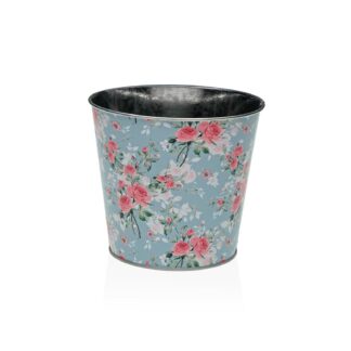 MACETA METALICA AZUL CON FLORES S