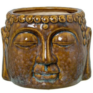 Macetero Cerámica Marrón Lacado Rostro Buda 18x17x13cm