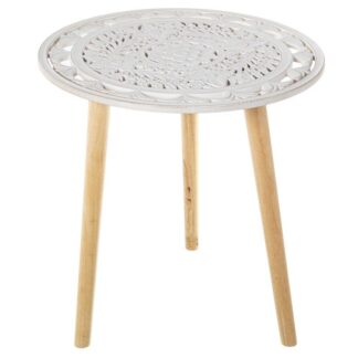 Mesa Auxiliar Madera Calada Blanca, Patas Natural Ø60x62cm