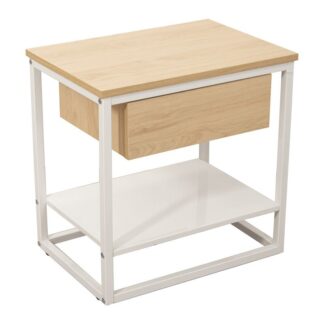 Mesa Auxiliar Metal Blanco Madera Natural 50x35x50cm, Madera: Dm