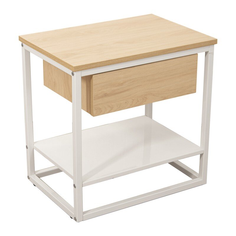 Mesa Auxiliar Metal Blanco Madera Natural 50x35x50cm, Madera: Dm