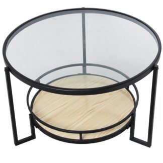 Mesa Auxiliar Metal Negro/cristal Transp. +balda Madera Ø70x45cm