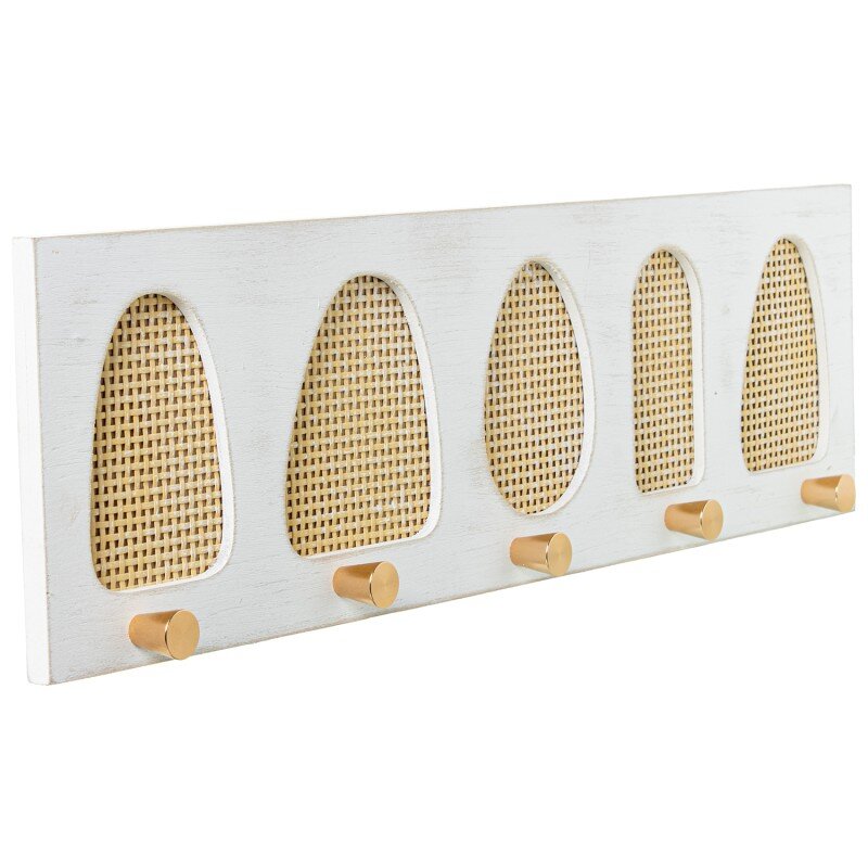 Perchero Pared Madera/ratán C/5 Ganchos Metal Dorado 60x4x17cm
