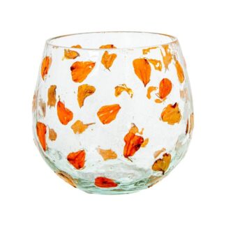 Portavelas Cristal C/hojas Naranja Ø10x9cm