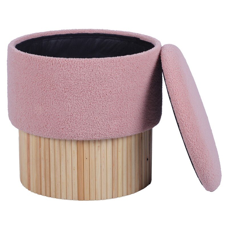 Puf Tapizado Rosa C/base Madera Natural Ø39x41cm - Image 2