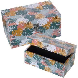 Set 2 Cajas Decoradas Madera Dm/lona Poliéster Hojas 30x18x15+24x14x12cm