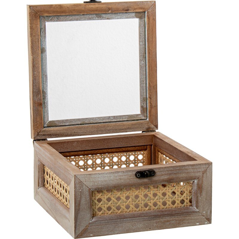 Set 2 Cajas Madera/mimbre Natural Tapa Cristal 19x19x10+25x25x14cm - Image 2
