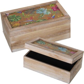 Set 2 Cajas Rect. Madera Dm+ Ratán Deco. Flores 30x18x12+24x14x9cm