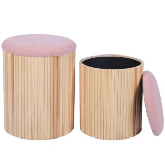 Set 2 Pufs Madera Natural C/tapa Rosa Acolchada Ø36x44cm+ø32x38cm