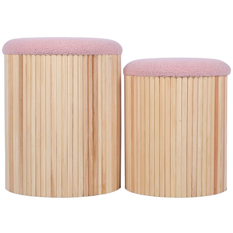 Set 2 Pufs Madera Natural C/tapa Rosa Acolchada Ø36x44cm+ø32x38cm - Image 2