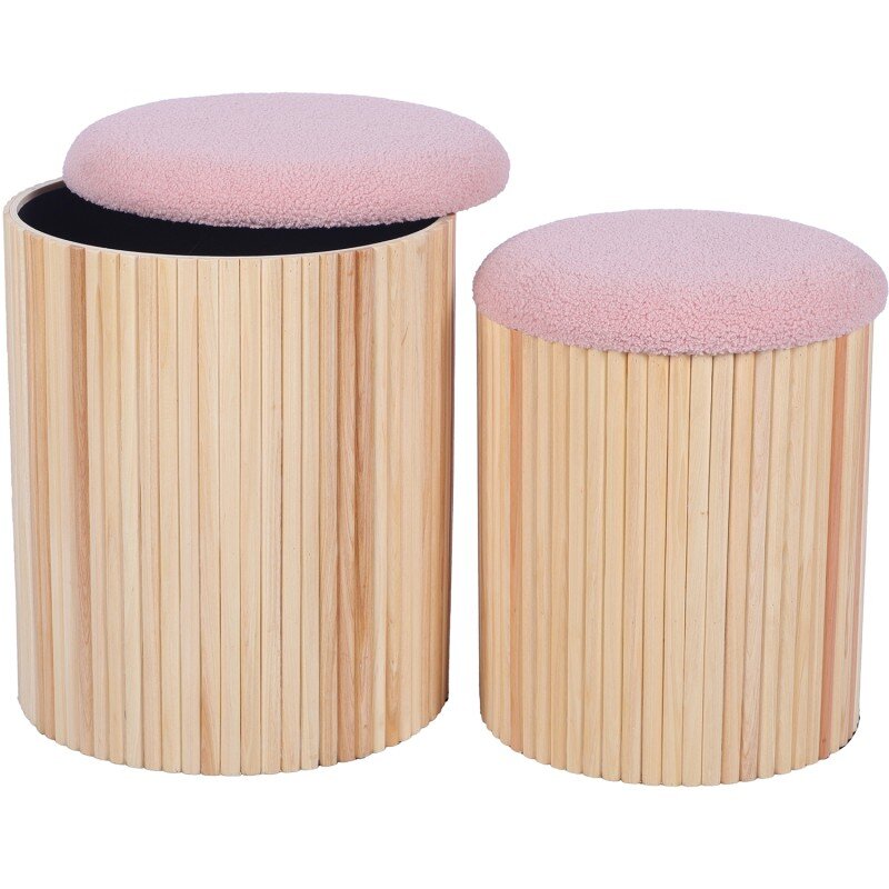 Set 2 Pufs Madera Natural C/tapa Rosa Acolchada Ø36x44cm+ø32x38cm - Image 6